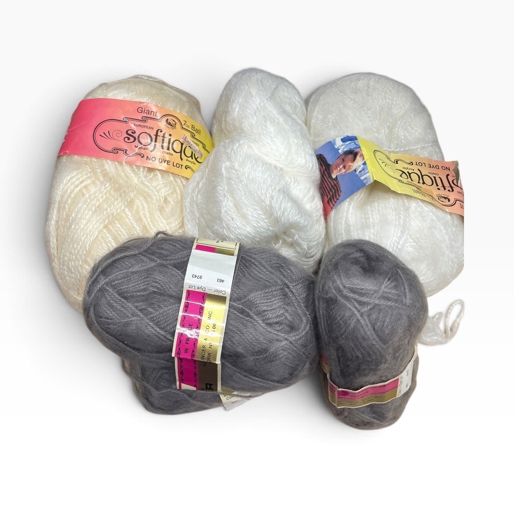 Softique Yarn Lot Mixed White Cream Grey Mohair Style Acrylic 5 Skeins Vintage